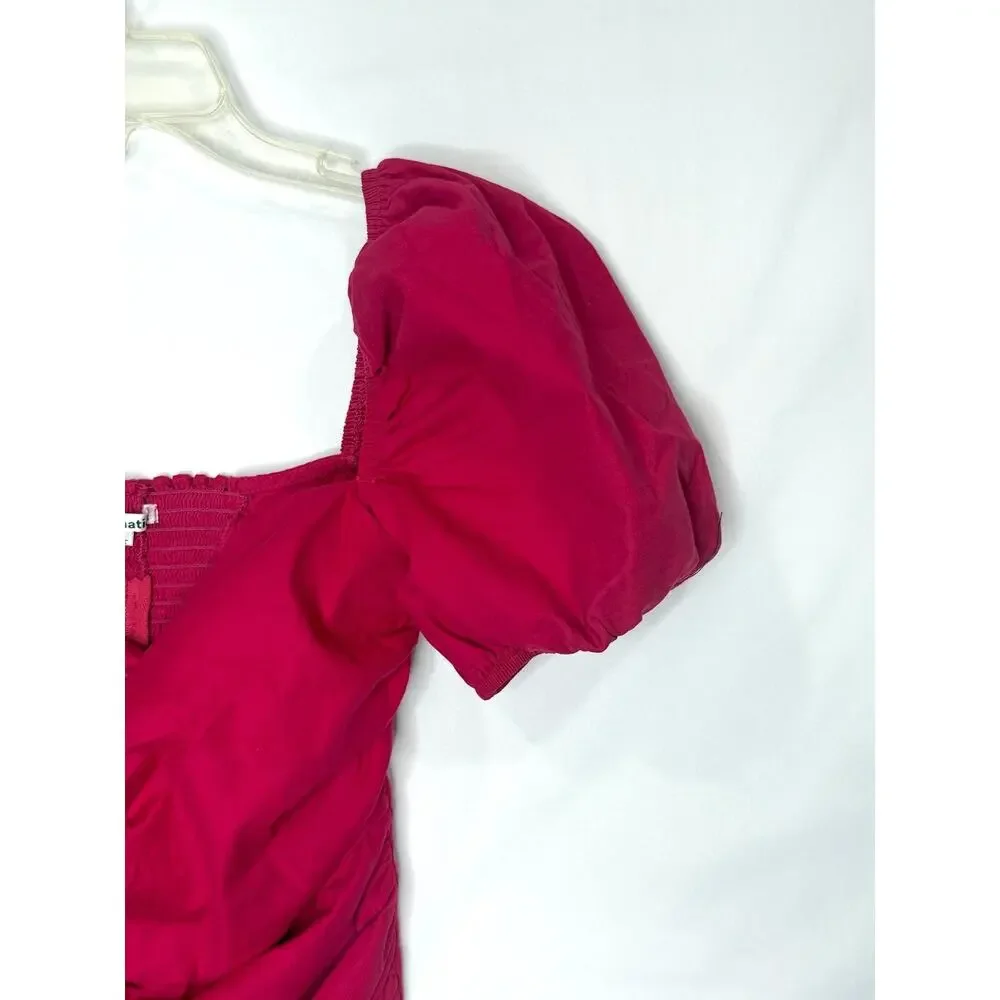 Reformation Women's 4 Magenta Puff Sleeve Ruched Top Sweetheart Smocked Cotton